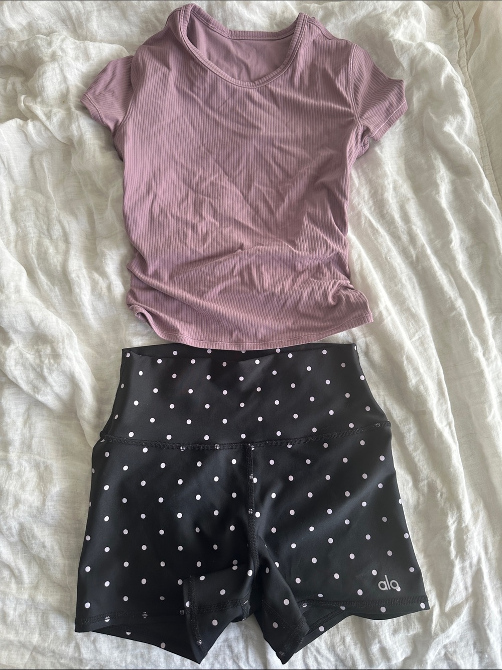 ALO Yoga Black Shorts with Light Pink Polka Dots & Lululemon cross back tee